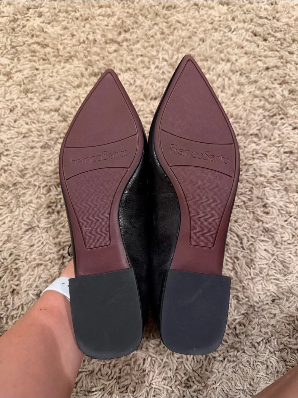 Franco Sarto Black Pointed Mary Jane Flats with Gold Buckle